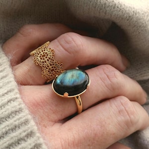 Natural Labradorite Stone Ring Adjustable Ring With Semi Precious Stone 24 Carat Gold Plated Brass Jewelry