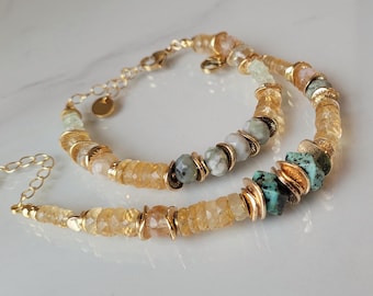 African Jade, Citrine, and Turquoise Stone Bracelet - Lithotherapy Bracelet - Jade Bead for Women - Citrine Stone Jewelry
