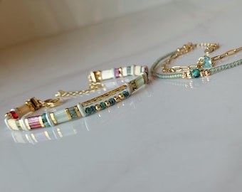 Miyuki Green Japanese Bracelet or Double-Wrap Beaded Bracelet with Paperclip Chain - Women's Jewelry Set