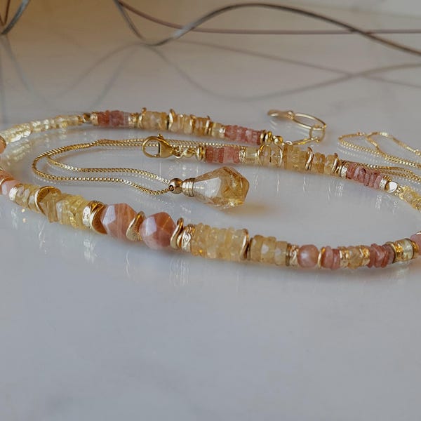 Citrien stenen ketting, lange ketting met stenen hanger, citrien sieraden, parfumflesje