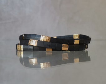 Miyuki Tila armband voor dames of heren Japanse kralenarmband zwart goud elastische armband zwarte kralen