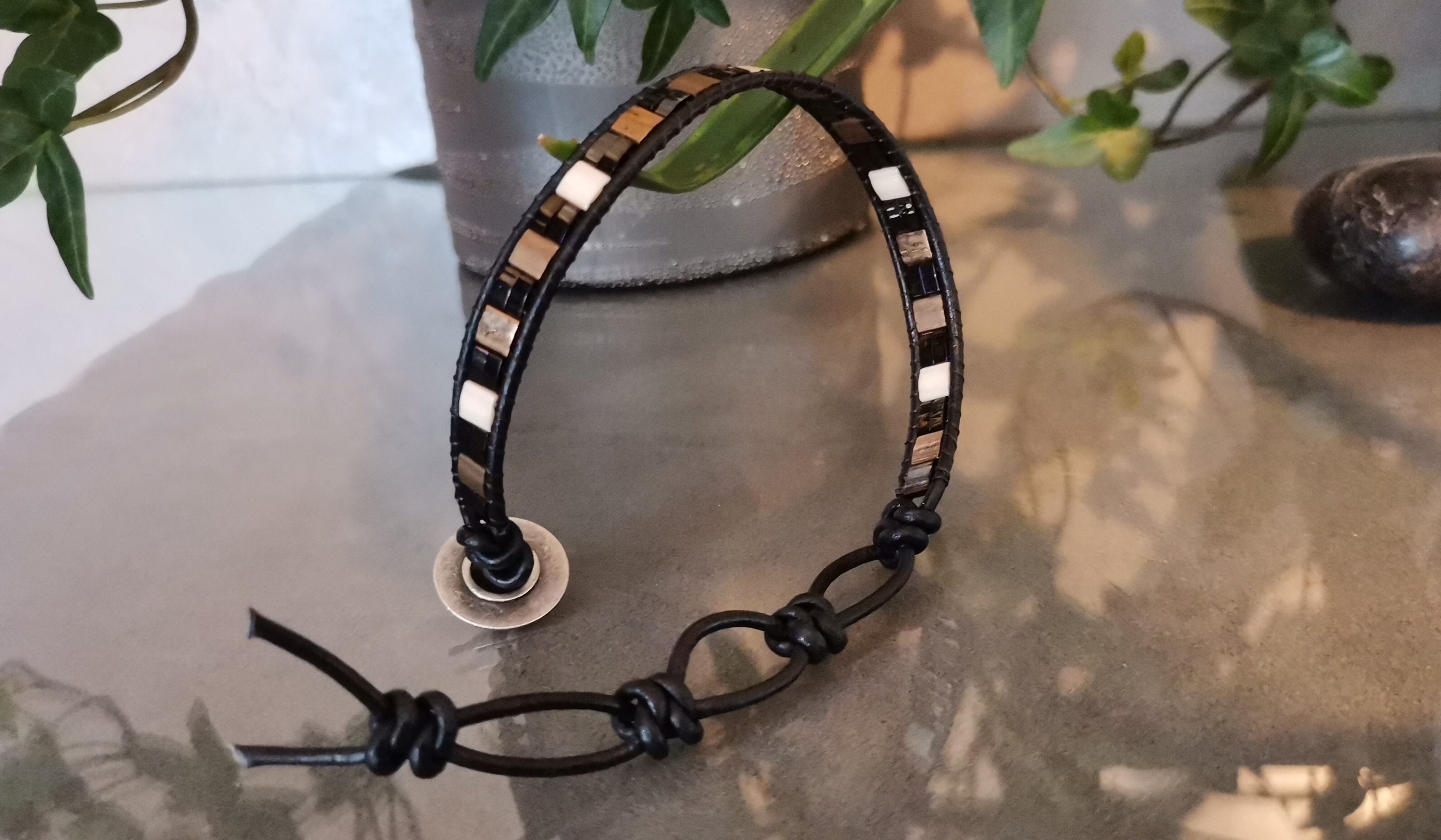 Miyuki Bracelet for Men Leather Wrap Bracelet Black Bronze 