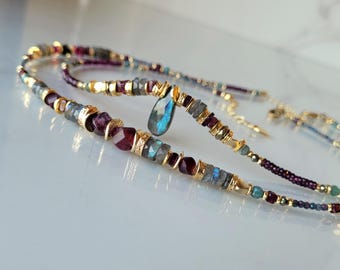 Natural stone necklace – Labradorite & Garnet – adjustable handcrafted jewelry for women | choker or long, with charm