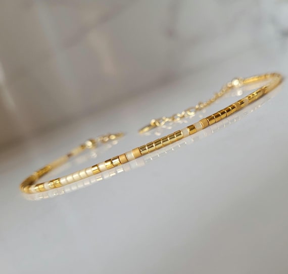 Bracelet Fin En Perles Miyuki Bracelet Miyuki Pour Femme Perles Beige Dorée  Bracelet En Perles De Rocailles