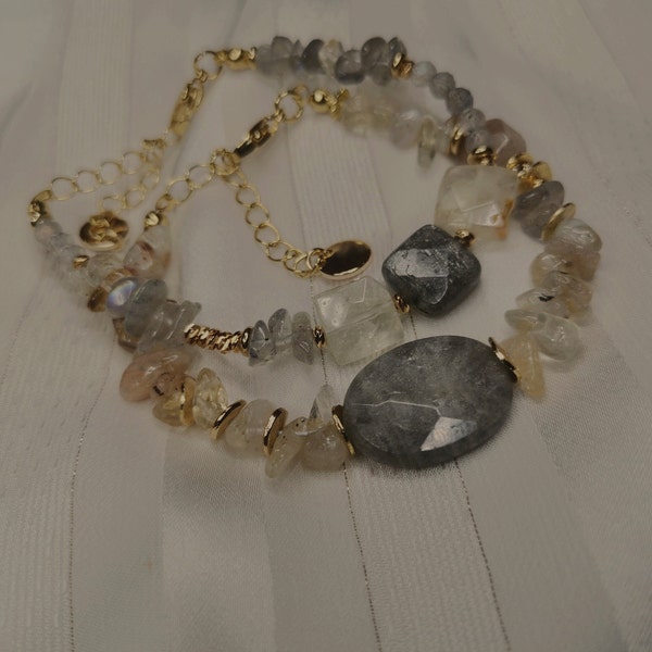 Bracelet Chips Labradorite Et Citrine   Bracelet Pour Femme En Pierres Fines   Bijou Artisanal Cleor Nacre