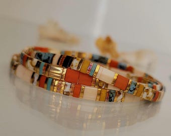 Miyuki Tila Elastic Bracelet, Japanese Square Beaded Bracelet, Orange, Beige, Blue Beaded Bracelet