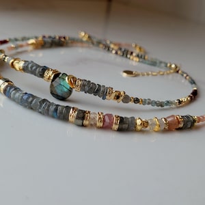 Collier En Pierre Labradorite Grenat Sunstone  Collier Ras De Cou Pour Femme  Collier Pierre Naturelle Labradorite Artisanal