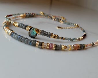 Natural stone necklace – Labradorite, Garnet & Sunstone – adjustable handcrafted choker style for women