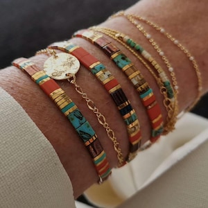 Miyuki Tila Bracelet for Women, Popular Japanese Bracelet, Orange, Blue, and Gold Beaded Bracelet