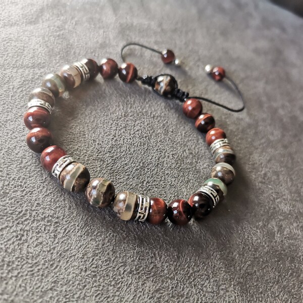 Men's Beaded Bracelet Tibetan Bracelet Red Tiger's Eye and Tibetan Agate Beads