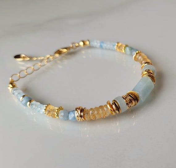 Citrine Aquamarine Bracelet For Women Adjustable Natural Stone Bracelet  Cleor Mother-of-Pearl Handcrafted Jewelry