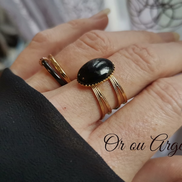 Bague Pierre Naturelle Noire Spinelle Bague Chic Multirang Réglable En Acier Inoxydable Doré à L'Or 18 Carats ou Argentée