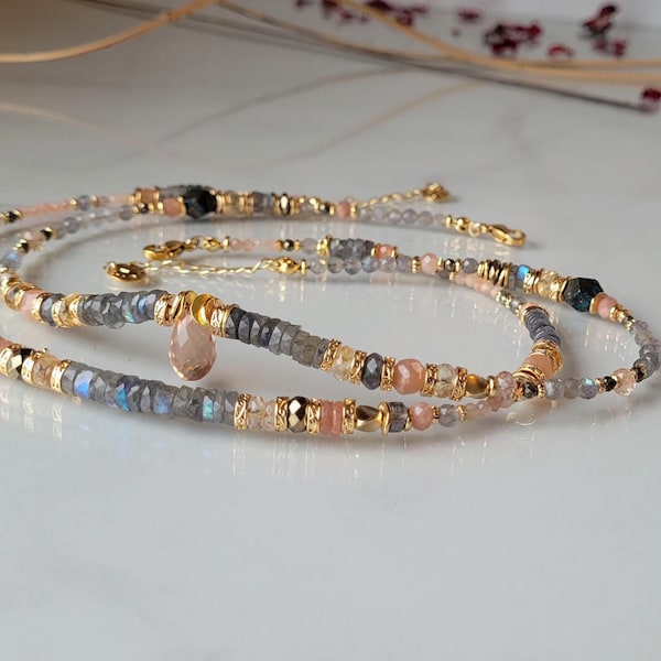 Labradoriet zonnesteen ketting, natuurlijke Morganiet labradoriet steen ketting, glamoureuze roze parel ketting voor vrouwen