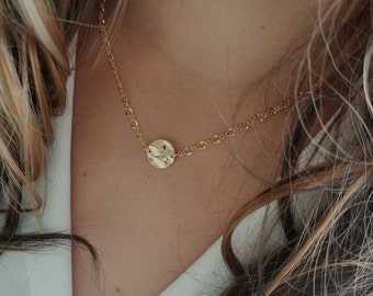 Gold Choker Chain Or Long Necklace With Round Charm Hammered Pendant Chain 14 Carat Gold Filled
