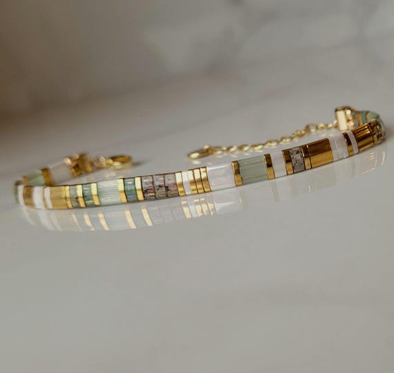 Bracelet En Perles Verte Dorée Pour Femme  Bracelet Tila Réglable  Bracelet Tendance En Perles Plate