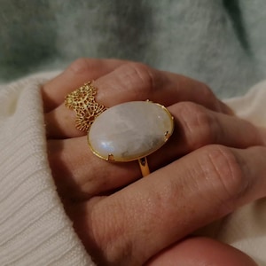 Oval Moonstone Ring Adjustable Natural Stone Ring Boho Ring Gilded with 24 Carat Fine Gold