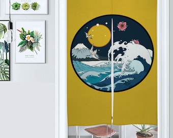 Japanese noren curtain 34" x 56", traditional japanese curtains, mount fuji, japanese crane, the great wave of kanagawa, japanese decor,gold
