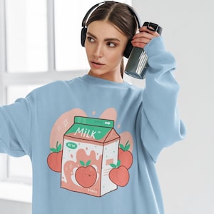 Caixa de leite de anime - Camisa unissex de leite de morango kawaii, estampa de pêssego, camisa de morango rosa, caixa de leite de morango, camisa de menina anime