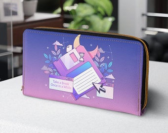 Japanese wallet Zipper Wallet 7.87&quot; x 4.33&quot; pink lofi girl vaporwave lo-fi japan crescent moon anime characters aesthetic purple cyberpunk