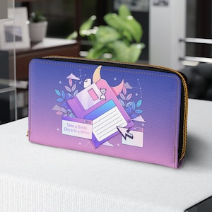 Carteira japonesa com zíper carteira 7,87 "x 4,33" rosa lofi menina vaporwave lo-fi japão lua crescente personagens de anime estético roxo cyberpunk