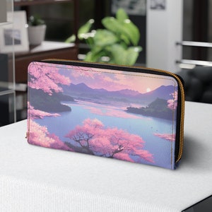Japanese wallet, Zipper Wallet, 7.87&quot; x 4.33&quot;, pink sakura blossom cyberpunk nature, mountain japan anime characters aesthetic blue lake
