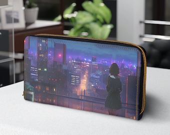 Japanese wallet, Zipper Wallet, 7.87&quot; x 4.33&quot;, cyberpunk vaporwave, lofi, lo-fi girl neon japan city cool anime characters aesthetic wallet