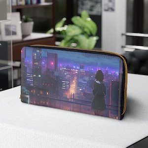Carteira japonesa, carteira com zíper, 7,87" x 4,33", cyberpunk vaporwave, lofi, lo-fi girl neon japan city carteira estética de personagens de anime legais
