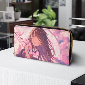 Carteira japonesa, carteira com zíper, 7,87" x 4,33", flor de sakura rosa cyberpunk natureza lofi garota lo-fi personagens de anime japonês carteira estética