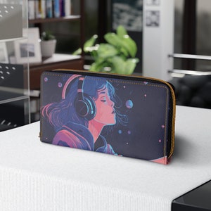 Japanese wallet, Zipper Wallet, 7.87&quot; x 4.33&quot;, lofi girl cyberpunk vaporwave, lo-fi japan space headphones anime characters aesthetic wallet