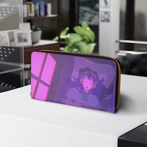 Japanese wallet, Zipper Wallet, 7.87&quot; x 4.33&quot;, lofi girl vaporwave, lo-fi japan moon pink anime characters aesthetic wallet purple cyberpunk