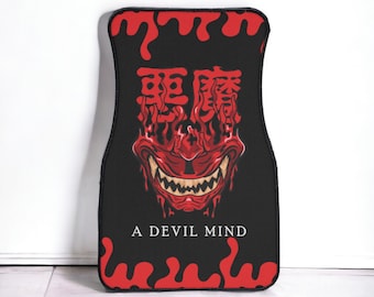 Demon art print, car floor mat, oni, japanese demon print, cute car accessories for teens, japanese letters, kanji, Tokyo, Japan, red, fire