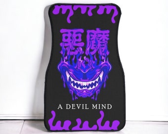 Oni Demon art print, car floor mat, japanese demon print, cute car accessories for teens, japanese letters, kanji,purple,vaporwave,fire,blue