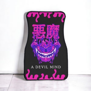 Oni Demon art print, car floor mat, japanese demon print, cute car accessories for teens, japanese letters, kanji,purple,vaporwave,fire,pink