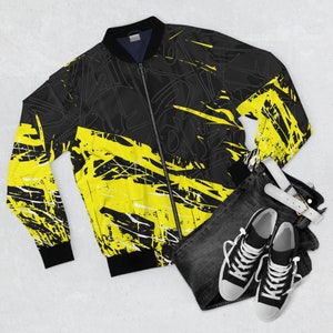 Men's Bomber cyberpunk jacket, zip up jacket, futuristic jacket, cyberpunk art, psychedelic jacket glitch abstract yellow black colorful