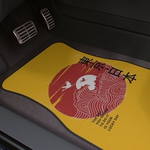 Vaporwave car floor mat, the great wave off kanagawa, cute car accessories for teens, japanese wave, women, japanese letters, kanji, cranes