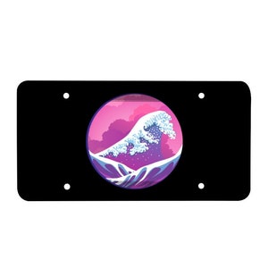 Automotive japanese License Plate & Frame Set, Anti-Theft kawaii License Plate Frame, the great wave off kanagawa, car decorations, pink