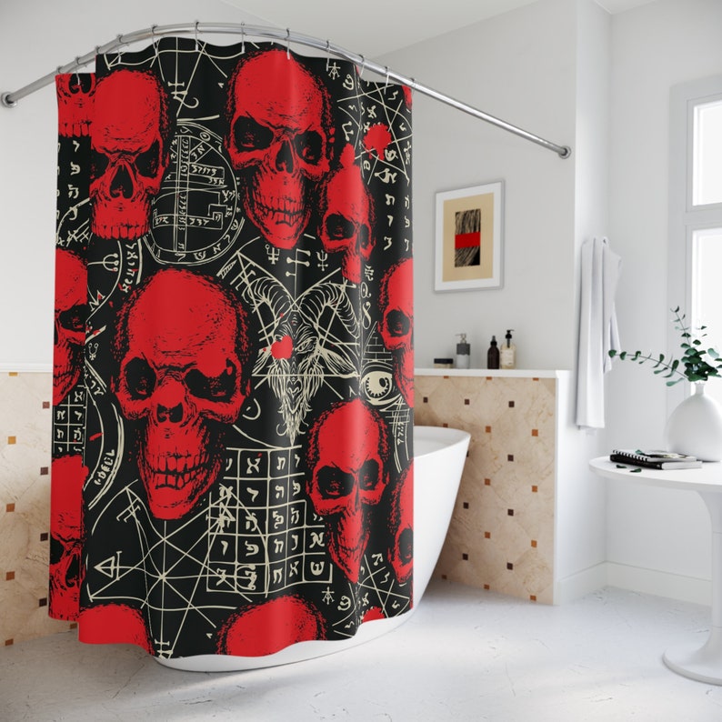 Goth Shower Curtain 7174 Goat Skull Head Red Etsy