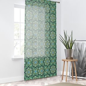Moroccan curtains, moroccan print, (50&quot; × 84&quot;) sheer curtain, home decor, geometric, aesthetic, bohemian, african pattern,green mosaic tiles