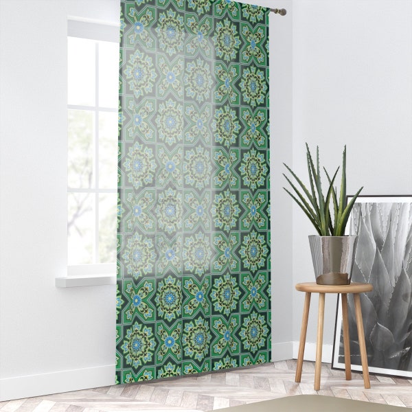 Moroccan curtains, moroccan print, (50" × 84") sheer curtain, home decor, geometric, aesthetic, bohemian, african pattern,green mosaic tiles