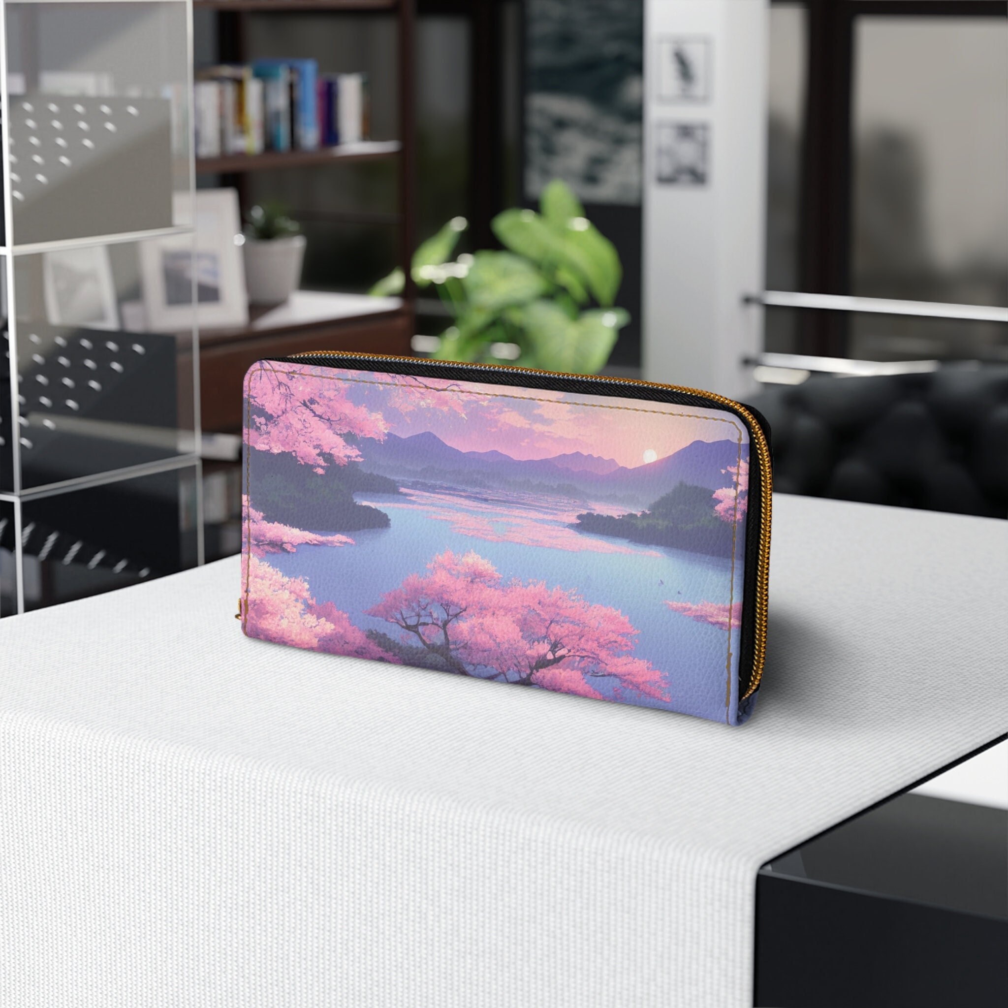 Japanese wallet, Zipper Wallet, 7.87" x 4.33", pink sakura blossom cyberpunk nature, mountain japan anime characters aesthetic blue lake