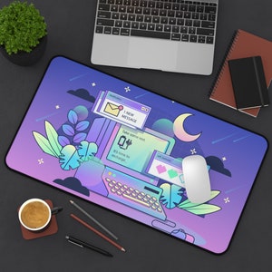 Vaporwave desk mat, lofi girl mousepad, purple desk pad, pink, anime, kawaii aesthetic gaming, xxl mousepad, crescent moon, 80s 90s vintage