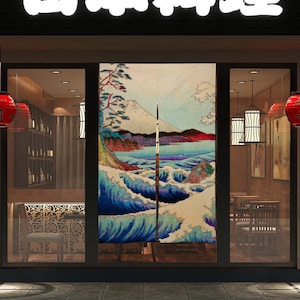 Front Door Hanging Banners 34&quot; x 56&quot;, japanese noren curtain, traditional japanese curtains, mount fuji, the great wave off kanagawa,doorway