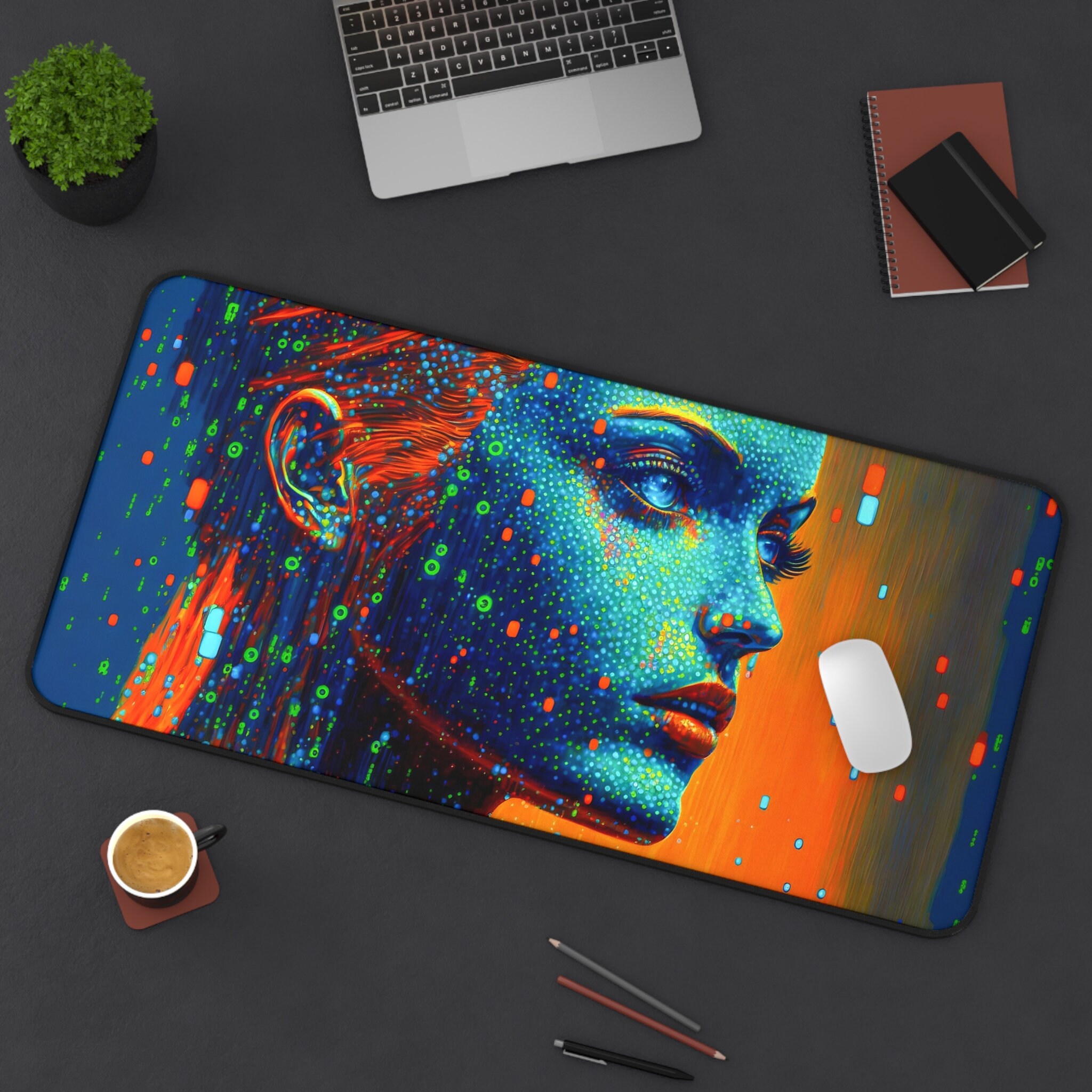 Discover Cyberpunk blue desk mat, futuristic