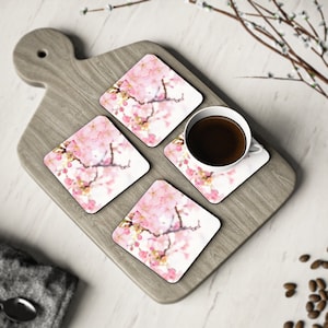 Sakura coaster, Corkwood Coaster Set, 3.75" × 3.75", sakura blossom, unique coasters, sakura decor, boho, girly, pink, flowers, floral, pink