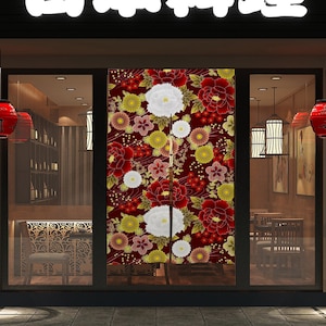 Front Door Hanging Banners 34&quot; x 56&quot;, red noren, japanese noren curtain, sakura decor, traditional japanese curtains, sakura blossom,flowers