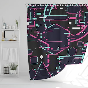 Cyberpunk glitch shower curtain, 71&quot;×74&quot;, funky, gaming, vaporware, video game, gamer, colorful, aesthetic, trendy