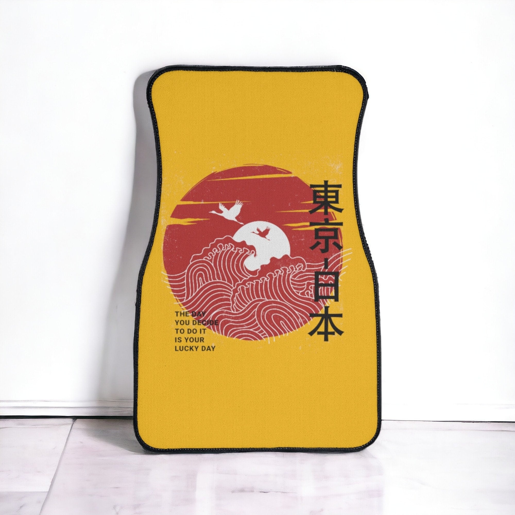 Vaporwave car floor mat, the great wave off kanagawa, cute car accessories for teens, japanese wave, women, japanese letters, kanji, cranes