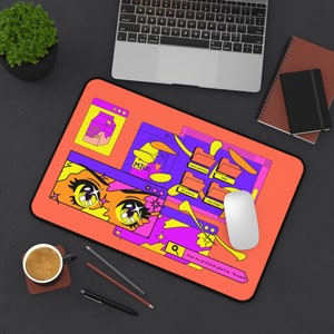Tapete de mesa Vaporwave, almofada de mesa rosa, olhos tristes de anime, jogos estéticos roxos, mousepad laranja xxl caixa de leite kawaii 80s 90s vintage lofi