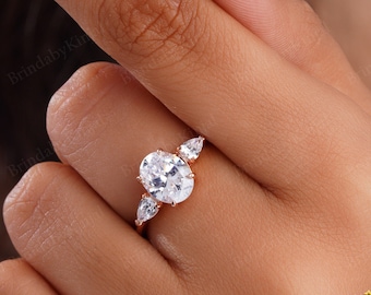 Anello di fidanzamento con tre moissanite taglio ovale da 2,00 CT in oro massiccio 14 carati, regalo di anniversario, anello di promessa per donna, anello per lei, anello in argento 925