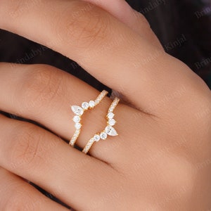 Unique Pear Shaped Moissanite Double Curved Wedding Band Solid Gold Moissanite Ring Enhancer Stacking Promise Ring Personalized Gift For Her